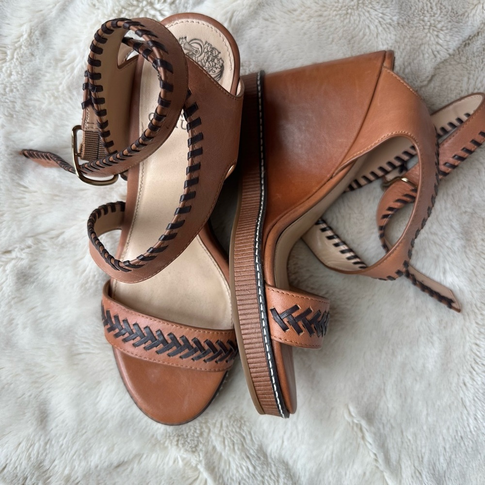 Vince Camuto Brown Leather Wedge Sandals - Picture 2 of 4